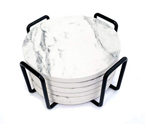 Coasters for Drinks, 6 Ceramic Marble Print Stone Coasters with Premium Black Holder (Off White)