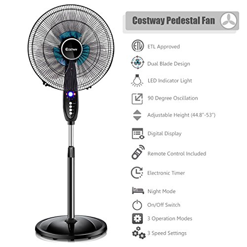 COSTWAY Pedestal Fan, 3-Speed Digital Control- Adjustable Height- Oscillating Standing Fan w/Timer- LCD Display- Double Blades- Remote Control, 18-Inch