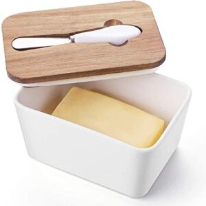 dowan porcelain butter dish with knife - covered butter container with wooden covers for countertop, farmhouse butter dish with lid perfect for east west coast butter, white