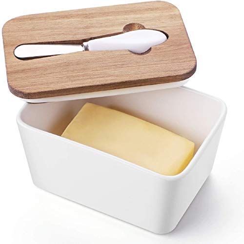 DOWAN Porcelain Butter Dish with Knife - Covered Butter Container with Wooden Covers for Countertop, Farmhouse Butter Dish with Lid Perfect for East West Coast Butter, White