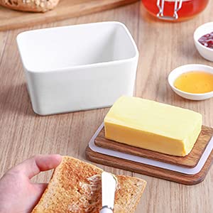 DOWAN Porcelain Butter Dish with Knife - Covered Butter Container with Wooden Covers for Countertop, Farmhouse Butter Dish with Lid Perfect for East West Coast Butter, White