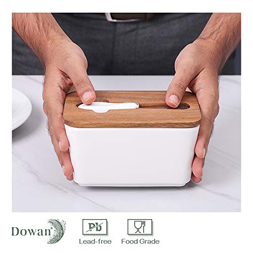 DOWAN Porcelain Butter Dish with Knife - Covered Butter Container with Wooden Covers for Countertop, Farmhouse Butter Dish with Lid Perfect for East West Coast Butter, White