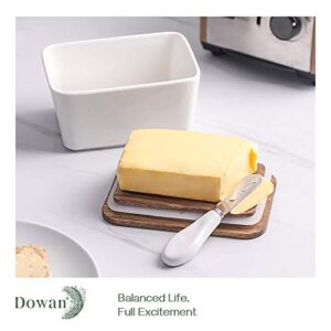 DOWAN Porcelain Butter Dish with Knife - Covered Butter Container with Wooden Covers for Countertop, Farmhouse Butter Dish with Lid Perfect for East West Coast Butter, White