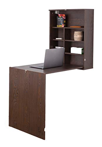 Basicwise Wall Mount Laptop Fold-Out Desk with Shelves, Brown,