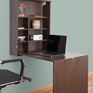 Basicwise Wall Mount Laptop Fold-Out Desk with Shelves, Brown,