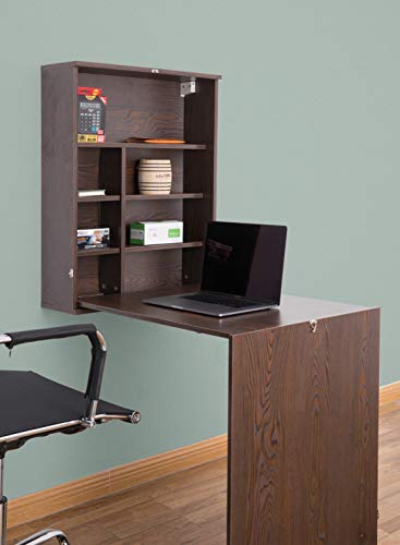 Basicwise Wall Mount Laptop Fold-Out Desk with Shelves, Brown,