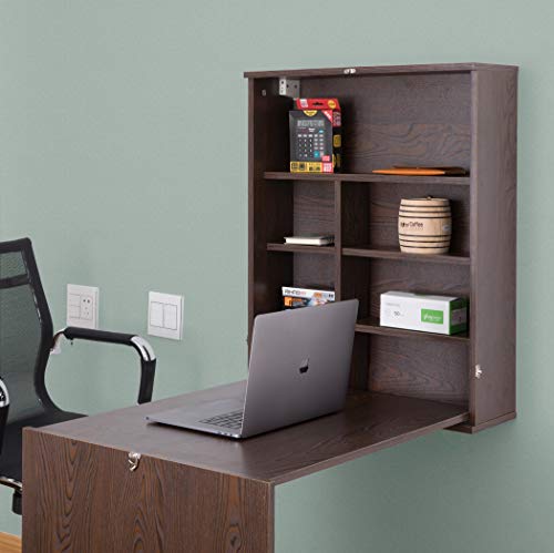 Basicwise Wall Mount Laptop Fold-Out Desk with Shelves, Brown,