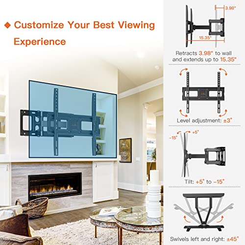 Perlegear TV Wall Mount Bracket Full Motion for 26-65 Inch LED, LCD, OLED Flat Curved TVs, TV Mount with Dual Swivel Articulating Arms Extension Tilt Rotation, Max VESA 400x400mm Fits 12/16" Wood Stud