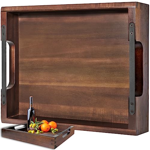 Ottoman Tray (16.5x12.5x2.5 inch) Wood Tray with Black Metal Handles, Great for Ottoman Tray, Food Tray, Breakfast Tray, Eating Tray