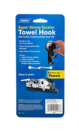 Camco RV Towel Hook | Add Hooks Inside/Outside Your RV | Strong Mechanical Suction Cup Hook (44028) , Black