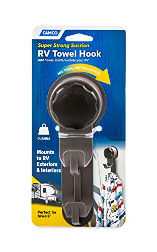 Camco RV Towel Hook | Add Hooks Inside/Outside Your RV | Strong Mechanical Suction Cup Hook (44028) , Black