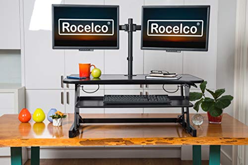 Rocelco 40" Large Height Adjustable Standing Desk Converter with Dual Monitor Mount BUNDLE - Quick Sit Stand Up Computer Workstation Riser - Retractable Keyboard Tray - Black (R DADRB-40-DM2)