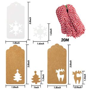 150 PCS Christmas Tags, Kraft Paper Gift Tags Hang Labels With 20M Red and White String, Christmas Tree、Snowflake、Reindeer Design for Christmas Gift Favor,Christmas Party and Decorating Christmas Tree