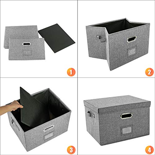 JSungo File Box with 5 Hanging Filing Folders, Document Organizer Storage for Office, Collapsible Linen Storage Box with Lids, Home Portable Storage with Handle, Letter Size Legal Folder, Grey