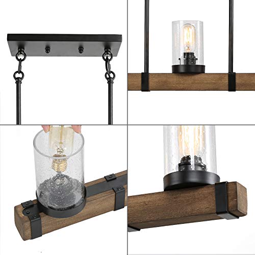 Farmhouse Chandeliers for Dining Room, 5-Light Kitchen Island Lighting, Rectangle Wood Chandeliers with Seedy Glass Shades