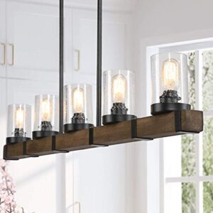 Farmhouse Chandeliers for Dining Room, 5-Light Kitchen Island Lighting, Rectangle Wood Chandeliers with Seedy Glass Shades