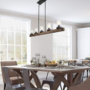 Farmhouse Chandeliers for Dining Room, 5-Light Kitchen Island Lighting, Rectangle Wood Chandeliers with Seedy Glass Shades