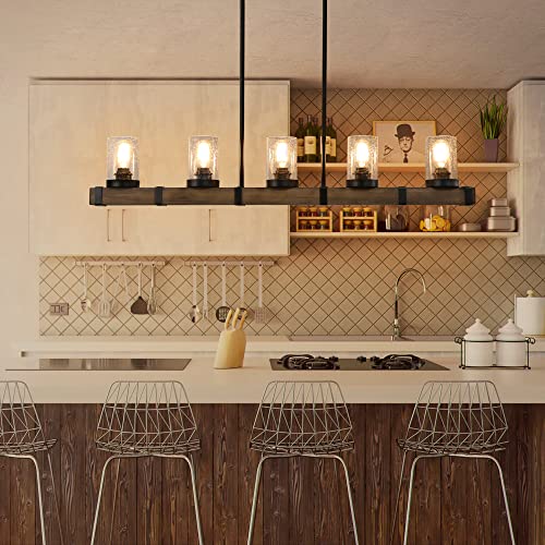 Farmhouse Chandeliers for Dining Room, 5-Light Kitchen Island Lighting, Rectangle Wood Chandeliers with Seedy Glass Shades