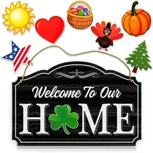 bigtime signs welcome to our home white wood grain print wall & front door decor - welcome sign for front door with interchangeable home sign magnets halloween, easter, fall, christmas, valentines