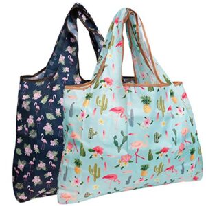 wrapables eco-friendly large nylon reusable shopping bags (set of 2), flamingo fun