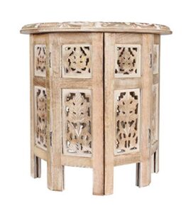 solid wood hand carved accent table, side table, entryway table, wooden end table, bedside table, octagonal wooden table - 18 inch round top x 18 inch high - white wash
