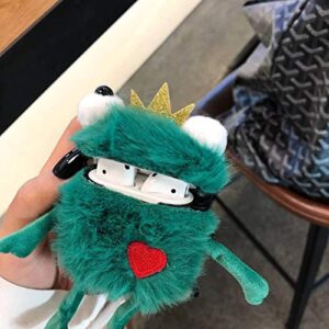 UnnFiko Fluffy Frog Airpods Case, 3D Furry Cartoon AirPods Soft Fur Warm Protective Case Covers (Frog King)