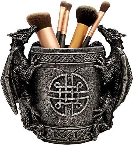 DWK - Literary Beasts - Twin Double Dragon Celtic Gothic Pen Pencil Desk Organizer Makeup Brush Holder Art Supply Caddy Home Office Accent Storage Accessory, Antique Silver Pewter, 6.5-inch