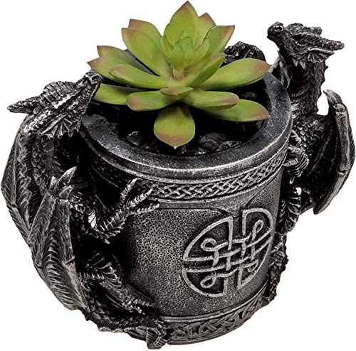 DWK - Literary Beasts - Twin Double Dragon Celtic Gothic Pen Pencil Desk Organizer Makeup Brush Holder Art Supply Caddy Home Office Accent Storage Accessory, Antique Silver Pewter, 6.5-inch