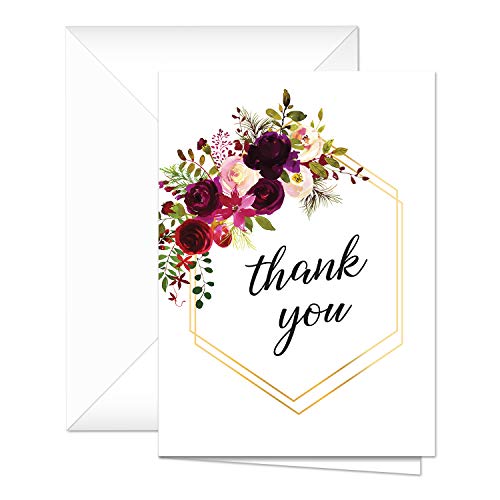 Fall Floral Thank You Notes / 24 Appreciation Cards And White Envelopes / 4 Thanks Flower Frame Note Card Designs / 3 1/2" x 4 7/8" Thank You Greeting Cards/Made In The USA