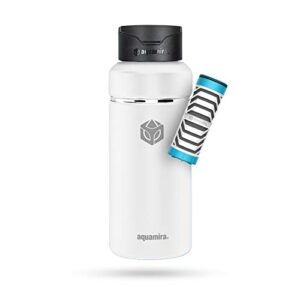 aquamira shift filtered water bottle with everyday filter - insulated and bpa-free for hiking, camping, backpacking, travel and emergency survival preparedness (white, 32oz)