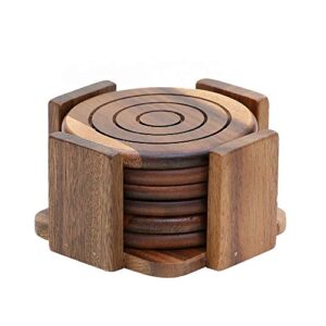 artisan 6 piece round acacia wood coaster sets - unique rustic wood coasters for drinks - drink cup coaster set - absorbent coasters with holder for coffee table