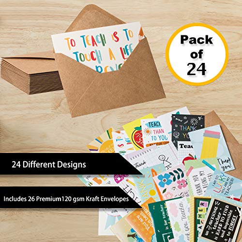 【24 Pack】 Teacher Thank You Cards - Cute Teacher Appreciation Cards in 24 unique Designs- Greeting Card For Teachers Day Card -End of Year Teacher Cards, Thank You Notes To Teachers 4 x 6 inches