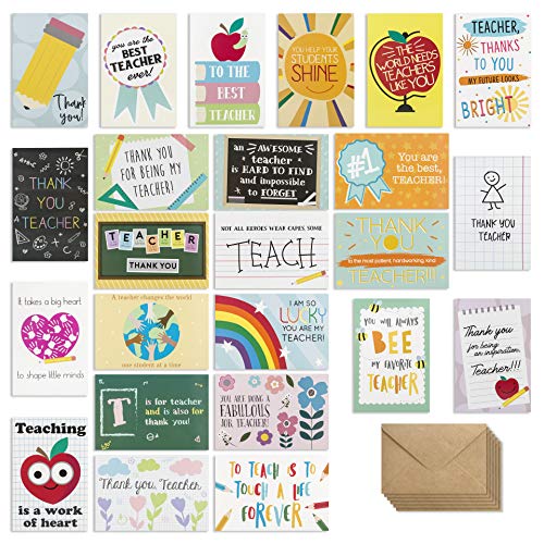 【24 Pack】 Teacher Thank You Cards - Cute Teacher Appreciation Cards in 24 unique Designs- Greeting Card For Teachers Day Card -End of Year Teacher Cards, Thank You Notes To Teachers 4 x 6 inches