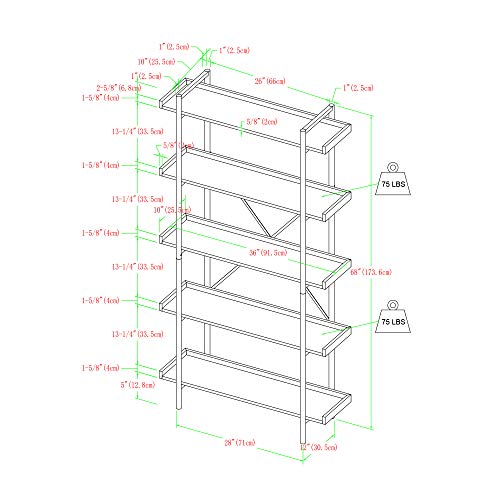 Walker Edison Urban Metal 5-Shelf Bookcase, 68" H, Gray Wash