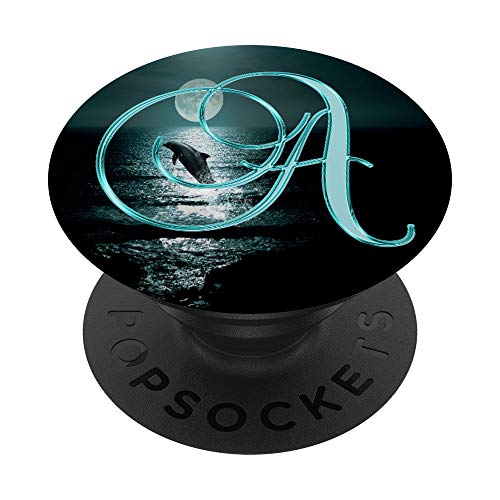 A Teal Dolphin Ocean Moon Sea Nature Initial Monogram Letter PopSockets PopGrip: Swappable Grip for Phones & Tablets