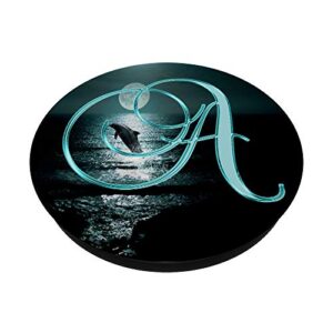 A Teal Dolphin Ocean Moon Sea Nature Initial Monogram Letter PopSockets PopGrip: Swappable Grip for Phones & Tablets