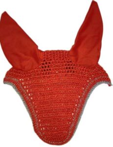 avani creations horse earnet crochet fly veil equestrian fly bonnet/veil/mask red color with silver edges