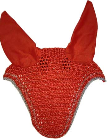 Avani Creations Horse Earnet Crochet Fly Veil Equestrian Fly Bonnet/Veil/mask Red Color with Silver Edges