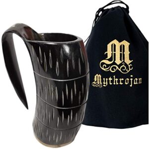 mythrojan viking drinking tankard with medieval buckle leather strap wine beer mead mug 800 ml - polished finish