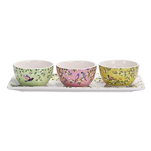 Bico Bird On Tree Ceramic Dipping Bowl Set (9oz bowls with 14 inch platter), for Sauce, Nachos, Snacks, Microwave & Dishwasher Safe