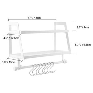 Halcent Wall Shelves Wood Floating Shelves, 2 Tier Storage Shelves Bathroom Shelf Kitchen Spice Rack with 8 Hooks for Bathroom Kitchen Utensils