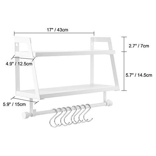 Halcent Wall Shelves Wood Floating Shelves, 2 Tier Storage Shelves Bathroom Shelf Kitchen Spice Rack with 8 Hooks for Bathroom Kitchen Utensils