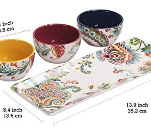 Bico Protea Cynaroides Ceramic Dipping Bowl Set (9oz bowls with 14 inch platter), for Sauce, Nachos, Snacks, Microwave & Dishwasher Safe