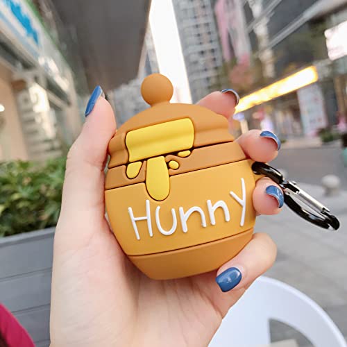 Ultra Thick Soft Silicone Winnie the Pooh Bear Hunny Case with Hook Clip Chain for Apple Airpods 1 2 1st 2nd Honey Pot Jug Disney Disneyland 3D Cartoon Vintage Cute Lovely Gift Girls Kids Daughter