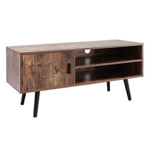 usikey Mid-Century TV Stand for TVs up to 50 Inches, Entertainment Center with Open Storage Shelves & Cabinet, Modern TV Console for Living Room, Rustic Brown