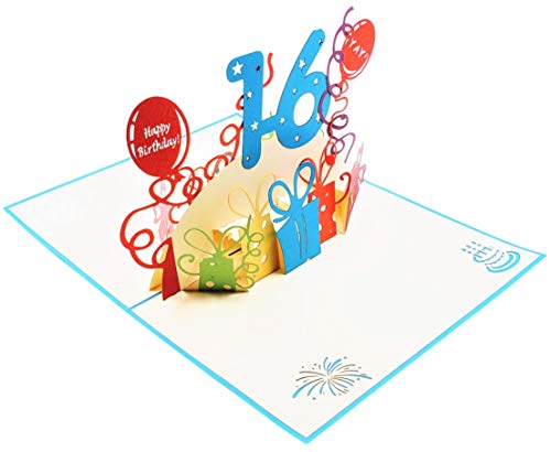 iGifts And Cards Happy 16th Birthday with Presents 3D Pop Up Greeting Card – Sweet Sixteen Granddaughter Gift, Awesome Unique 16 Grandson Present, Turning 16 Special Birthday Card For Son, Daughter
