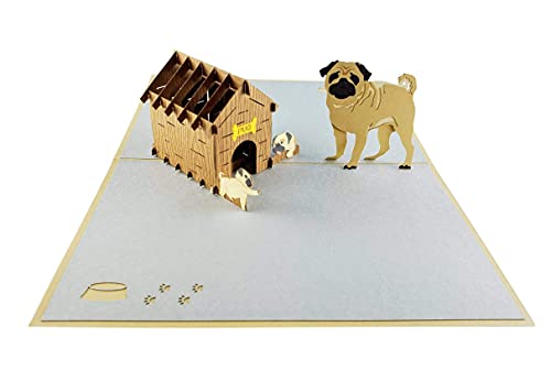 iGifts And Cards Happy Pug Family 3D Pop Up Greeting Card – Birthday, Friendship, Thank You, Congratulations, Celebration, Super Cute, Dog, Puppies, Card For Dog Lovers