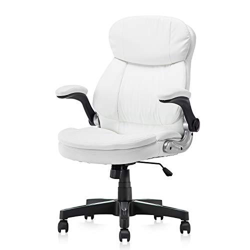 Seatingplus Home Office Chair High Back PU Leather Desk Chair Flip-up Armrests Ergonomic Computer Chair with Lumbar Support, White