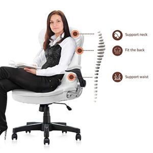 Seatingplus Home Office Chair High Back PU Leather Desk Chair Flip-up Armrests Ergonomic Computer Chair with Lumbar Support, White