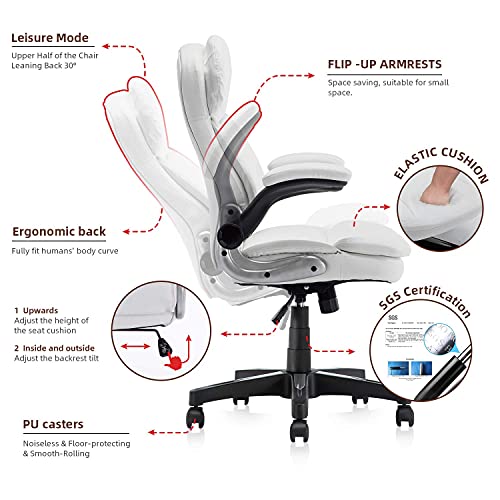 Seatingplus Home Office Chair High Back PU Leather Desk Chair Flip-up Armrests Ergonomic Computer Chair with Lumbar Support, White